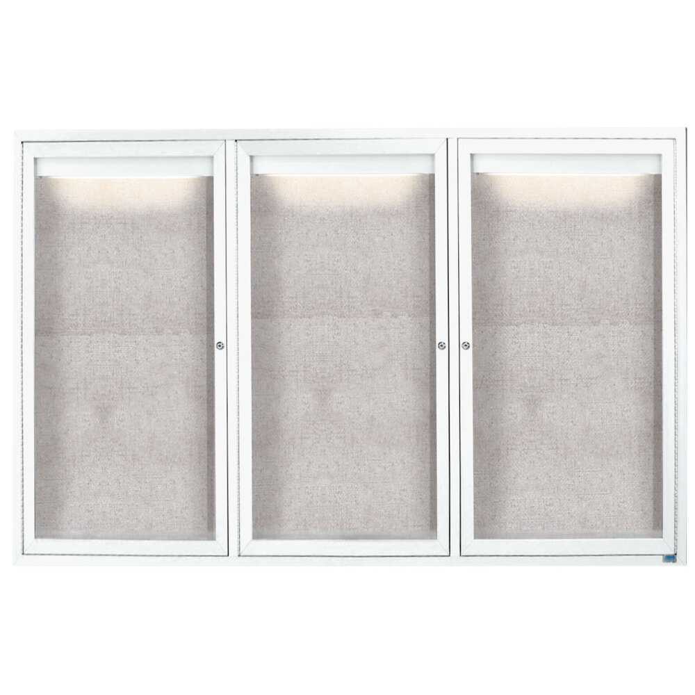 Aarco ODCC4872-3RIW 48" x 72" Enclosed Hinged Locking 3 Door Powder Coated White Outdoor Lighted Bulletin Board Cabinet