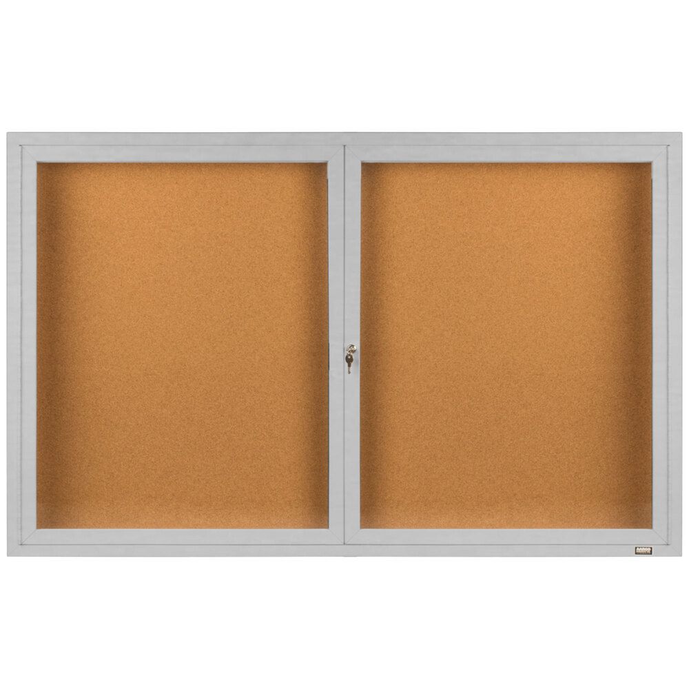 Aarco DCC3660R 36" x 60" Enclosed Hinged Locking 2 Door Satin Anodized Finish Indoor Bulletin Board Cabinet