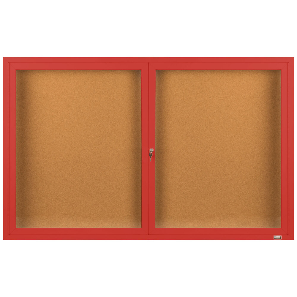 Aarco DCC3660RR 36" x 60" Enclosed Hinged Locking 2 Door Powder Coated Red Finish Indoor Bulletin Board Cabinet