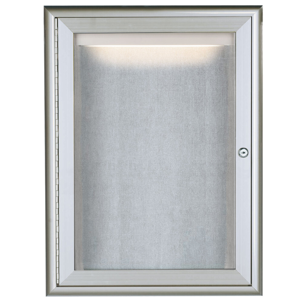 Aarco LOWFC2418 24" x 18" Silver Enclosed Locking Aluminum Indoor / Outdoor Bulletin Board with Waterfall Style Frame and LED Lighting