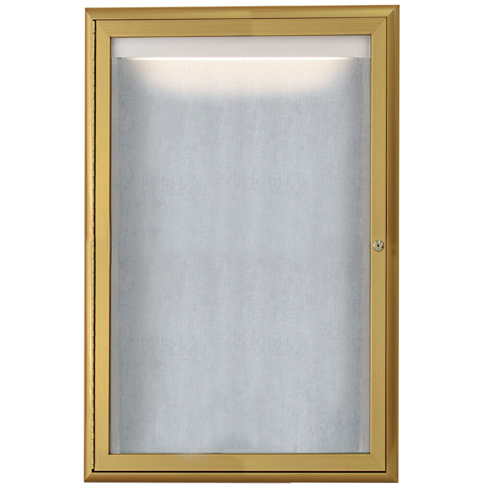 Aarco LOWFC3624G 36" x 24" Gold Enclosed Locking Aluminum Indoor / Outdoor Bulletin Board with Waterfall Style Frame and LED Lighting