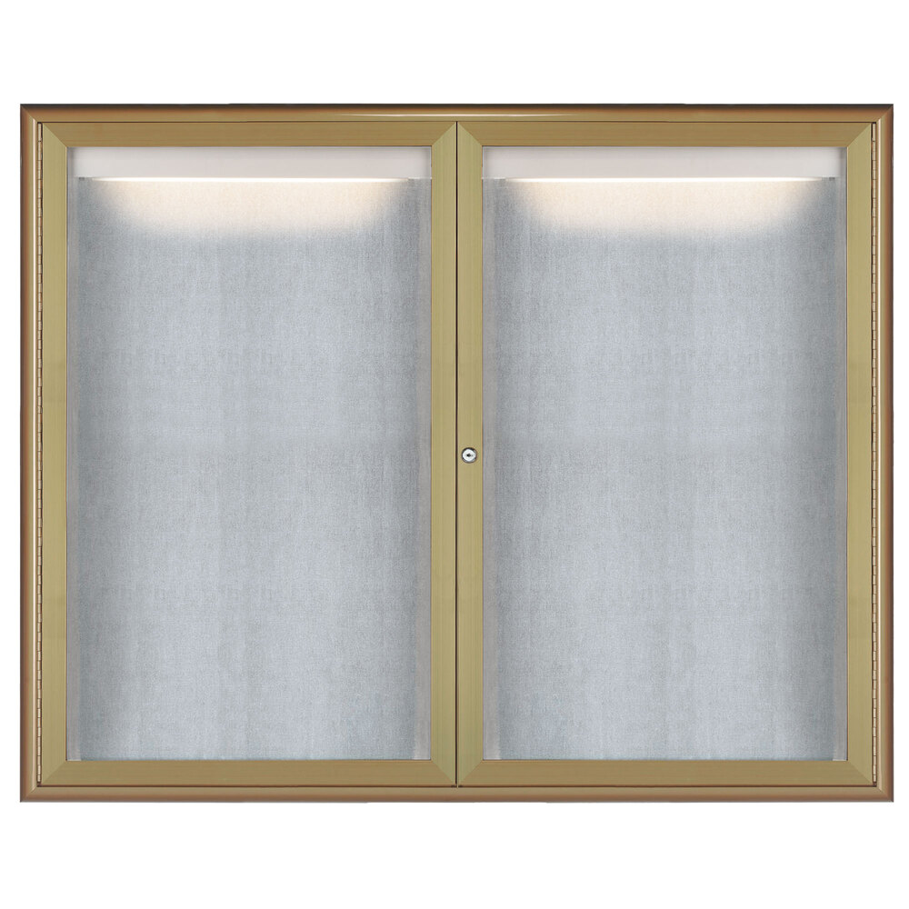Aarco LOWFC3648LB 36" x 48" Antique Brass Enclosed Locking Aluminum Indoor / Outdoor Bulletin Board with Waterfall Style Frame and LED Lighting