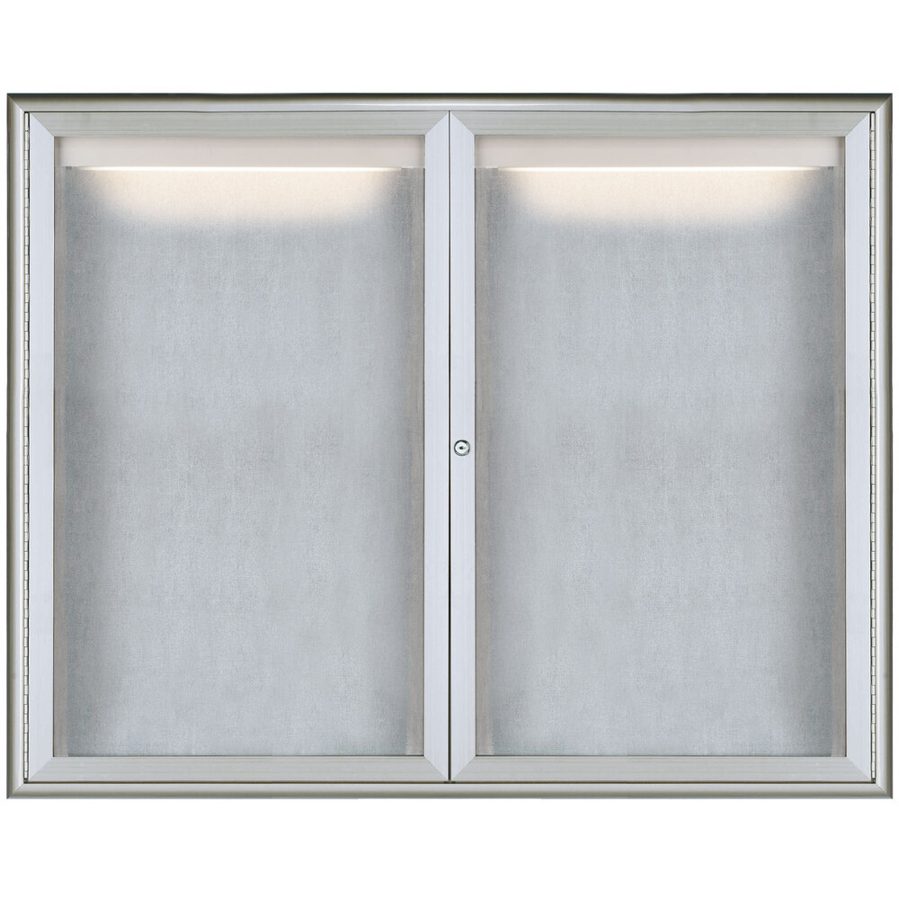 Aarco LOWFC3648 36" x 48" Silver Enclosed Locking Aluminum Indoor / Outdoor Bulletin Board with Waterfall Style Frame and LED Lighting