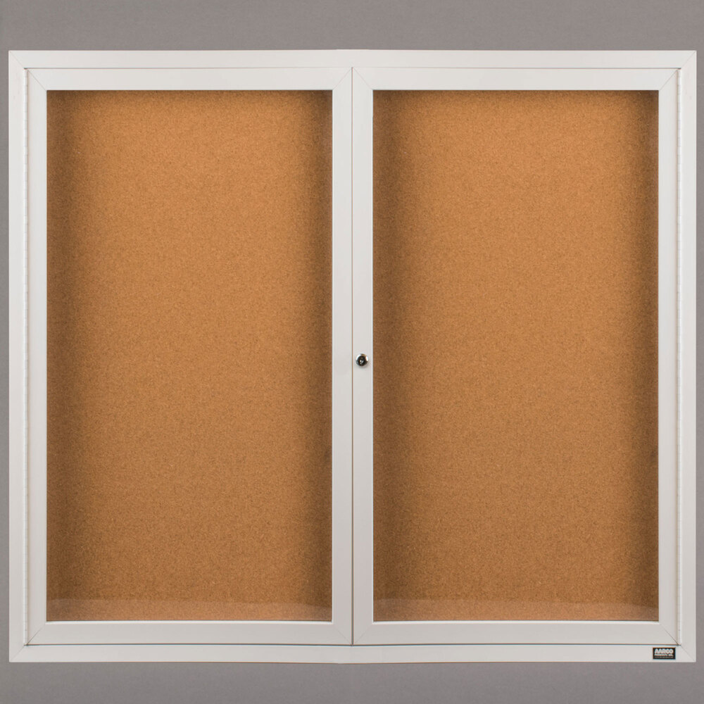 Aarco DCC4860RW 48" x 60" Enclosed Hinged Locking 2 Door Powder Coated White Finish Indoor Bulletin Board Cabinet