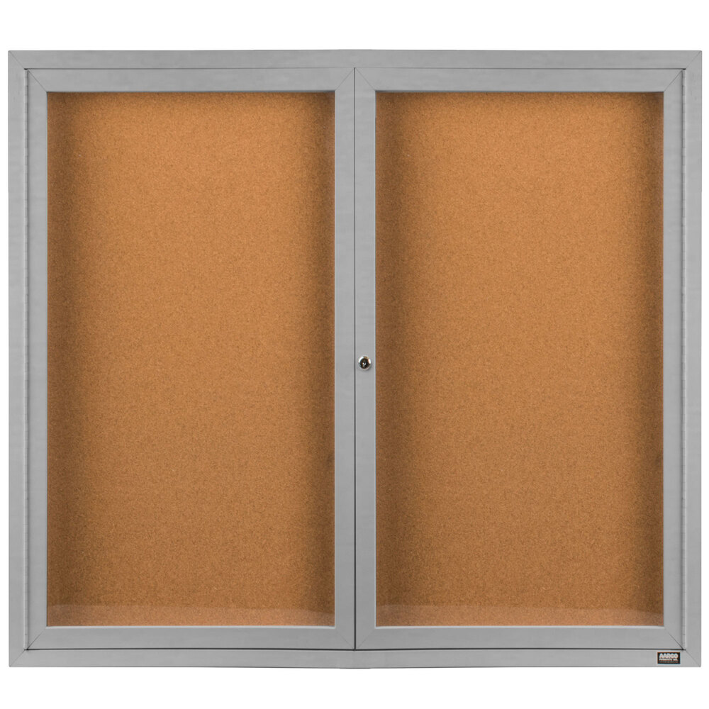 Aarco DCC4860R 48" x 60" Enclosed Hinged Locking 2 Door Satin Anodized Finish Indoor Bulletin Board Cabinet