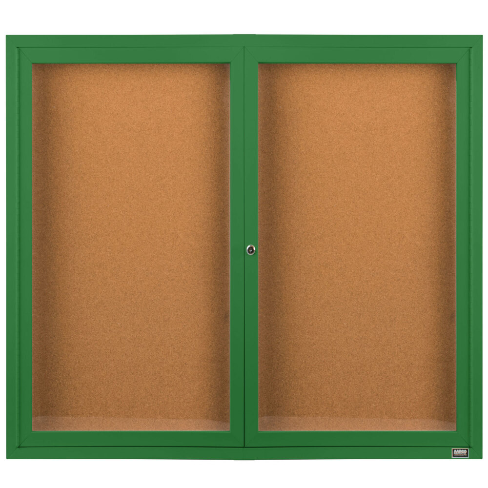 Aarco DCC4860RG 48" x 60" Enclosed Hinged Locking 2 Door Powder Coated Green Finish Indoor Bulletin Board Cabinet