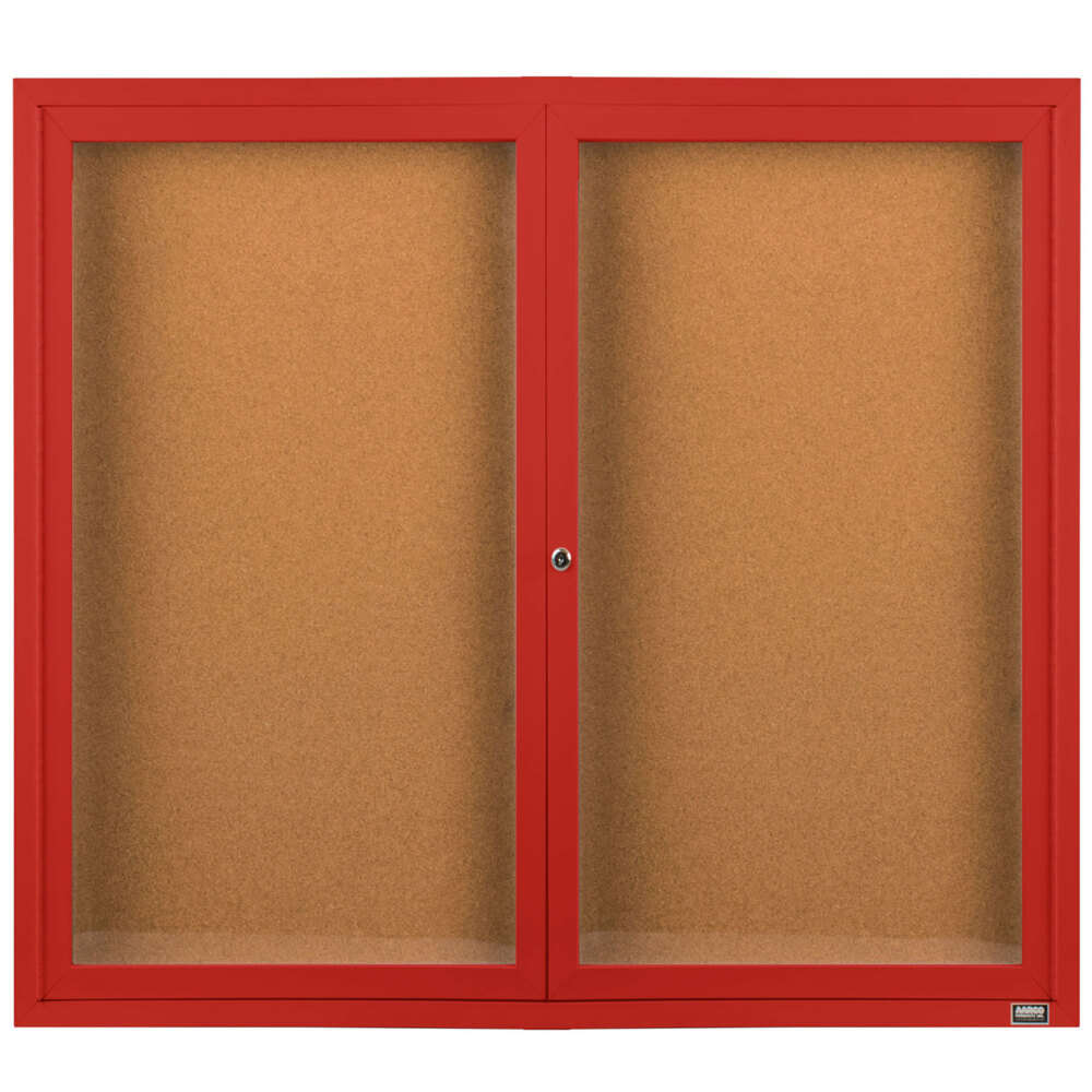 Aarco DCC4860RR 48" x 60" Enclosed Hinged Locking 2 Door Powder Coated Red Finish Indoor Bulletin Board Cabinet