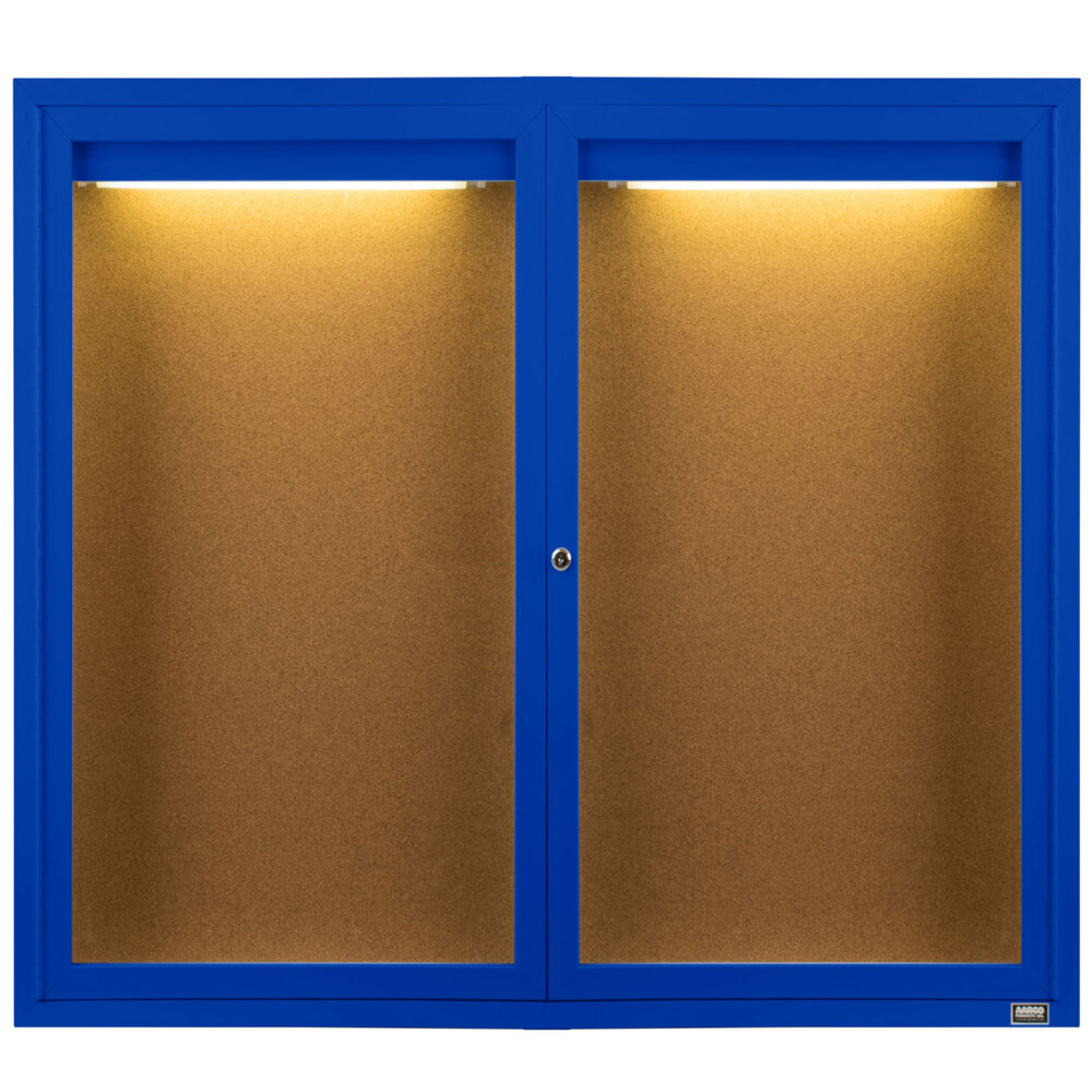Aarco DCC4860RIB 48" x 60" Enclosed Hinged Locking 2 Door Powder Coated Blue Finish Indoor Lighted Bulletin Board Cabinet