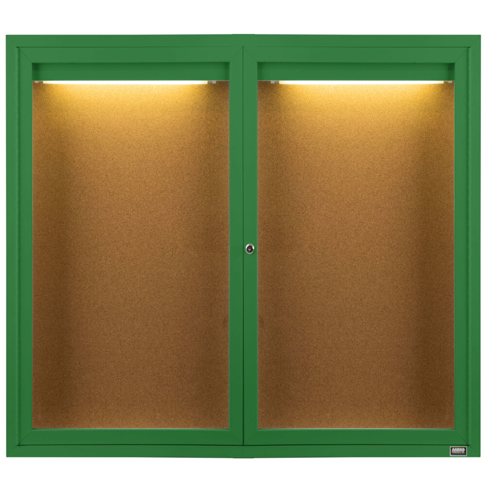 Aarco DCC4860RIG 48" x 60" Enclosed Hinged Locking 2 Door Powder Coated Green Finish Indoor Lighted Bulletin Board Cabinet