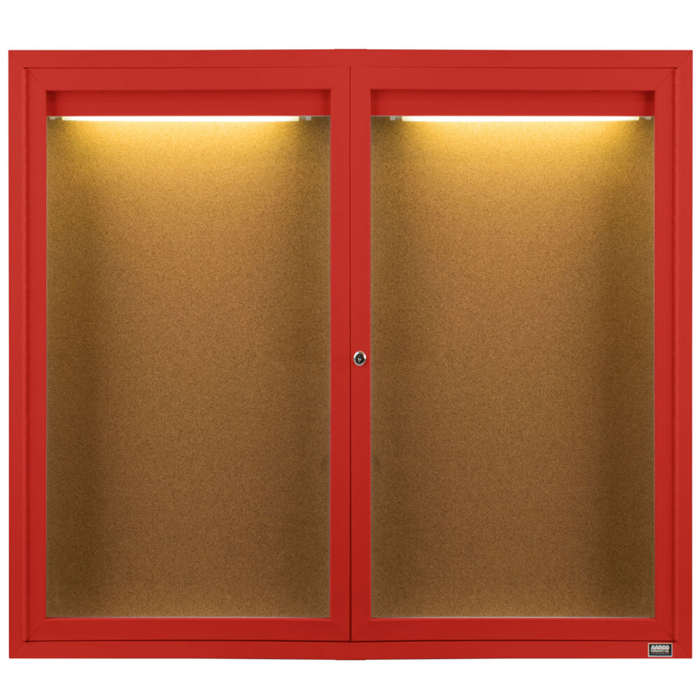Aarco DCC4860RIR 48" x 60" Enclosed Hinged Locking 2 Door Powder Coated Red Finish Indoor Lighted Bulletin Board Cabinet