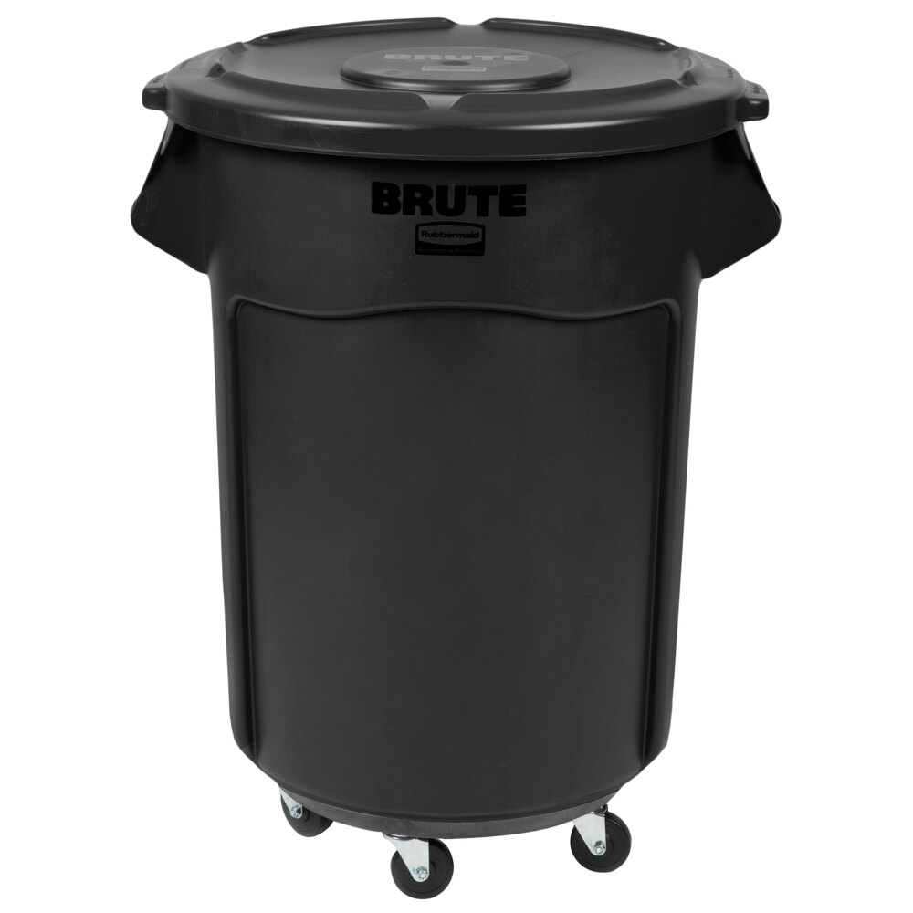 Rubbermaid® BRUTE 55 Gallon Black Executive Round Trash Can with Lid and Dolly