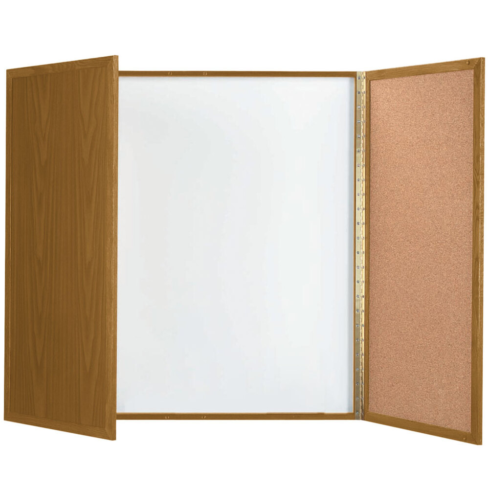 Aarco OP-48 48" x 48" Enclosed Oak Laminate White Markerboard / Cork Bulletin Planning Board