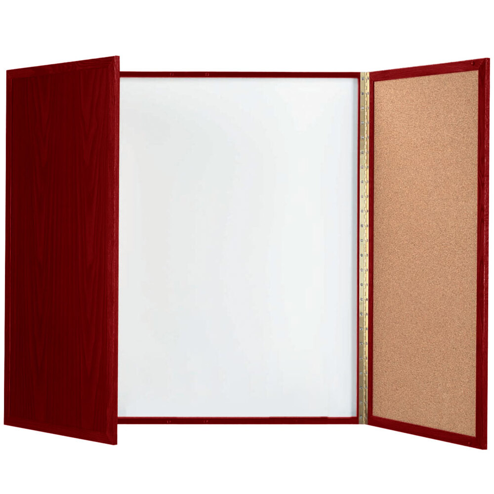 Aarco MP-48 48" x 48" Enclosed Cherry Laminate White Markerboard / Cork Bulletin Planning Board