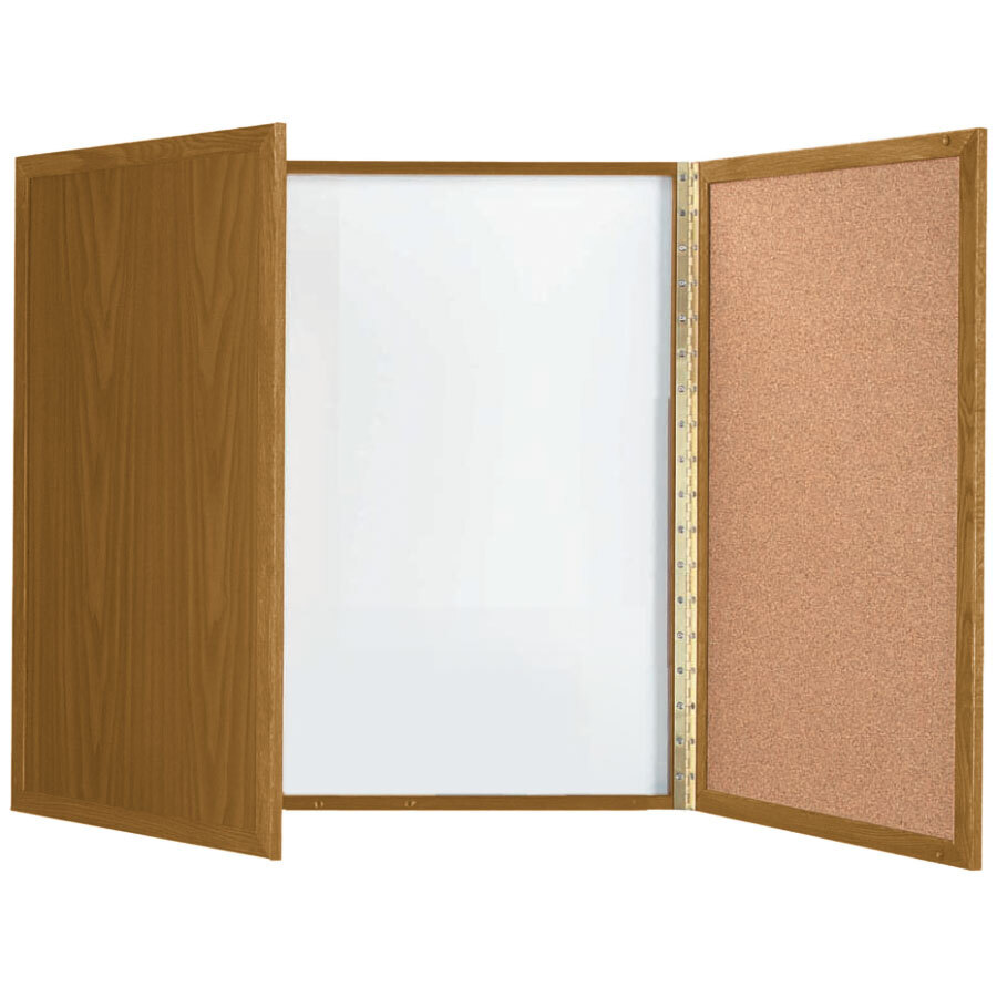 Aarco OP-36 36" x 36" Enclosed Oak Laminate White Markerboard / Cork Bulletin Planning Board