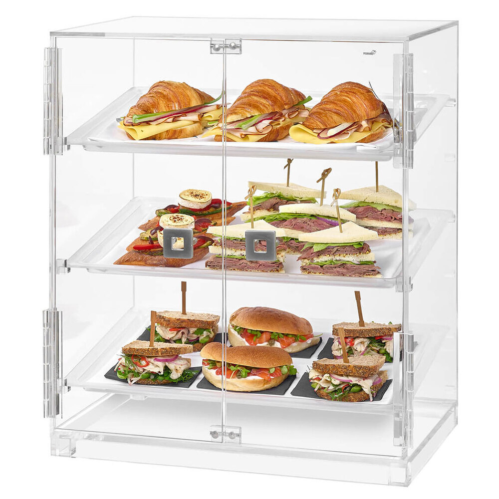 Rosseto BD129 Small 2 Door Acrylic Bakery Display Case with 3 Frosted Trays - 19 1/8" x 12 3/4" x 23"