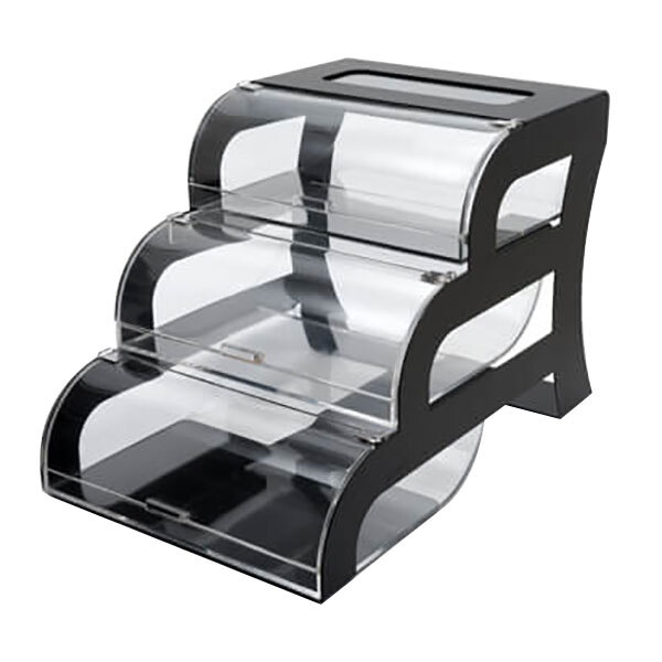 Rosseto BK011 Three-Tier Acrylic Bakery Display Case with Black Steel Stand - 15 1/4" x 23 1/4" x 15 1/2"