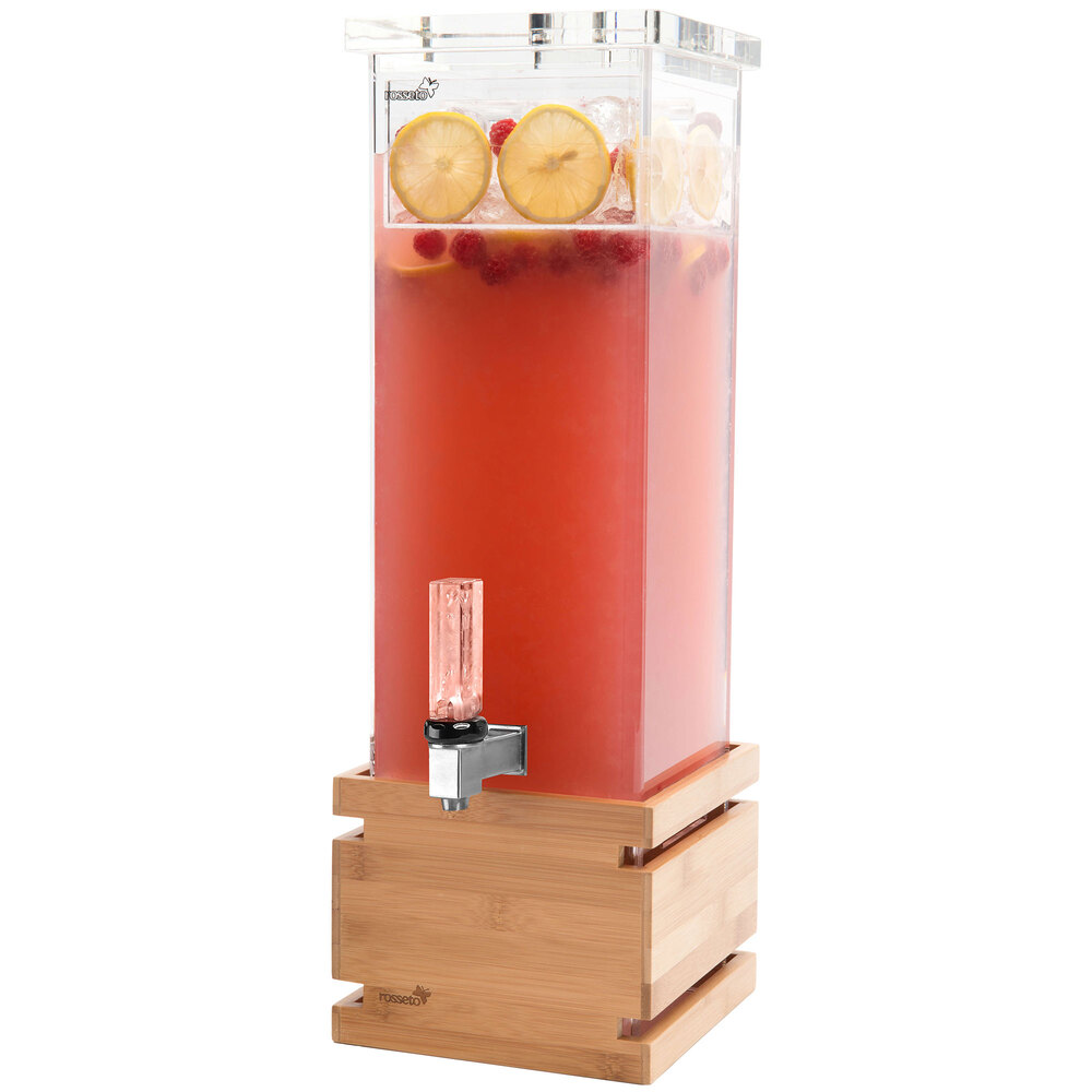 Rosseto LD116 1 Gallon Clear Acrylic Square Beverage Dispenser with Bamboo Base
