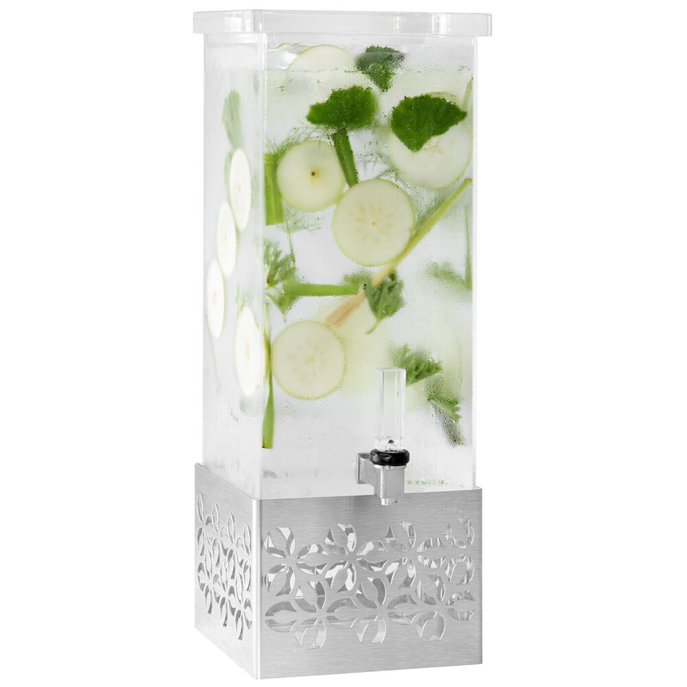 Rosseto LD160 Iris 1 Gallon Clear Acrylic Rectangle Beverage Dispenser with Stamped Stainless Steel Base