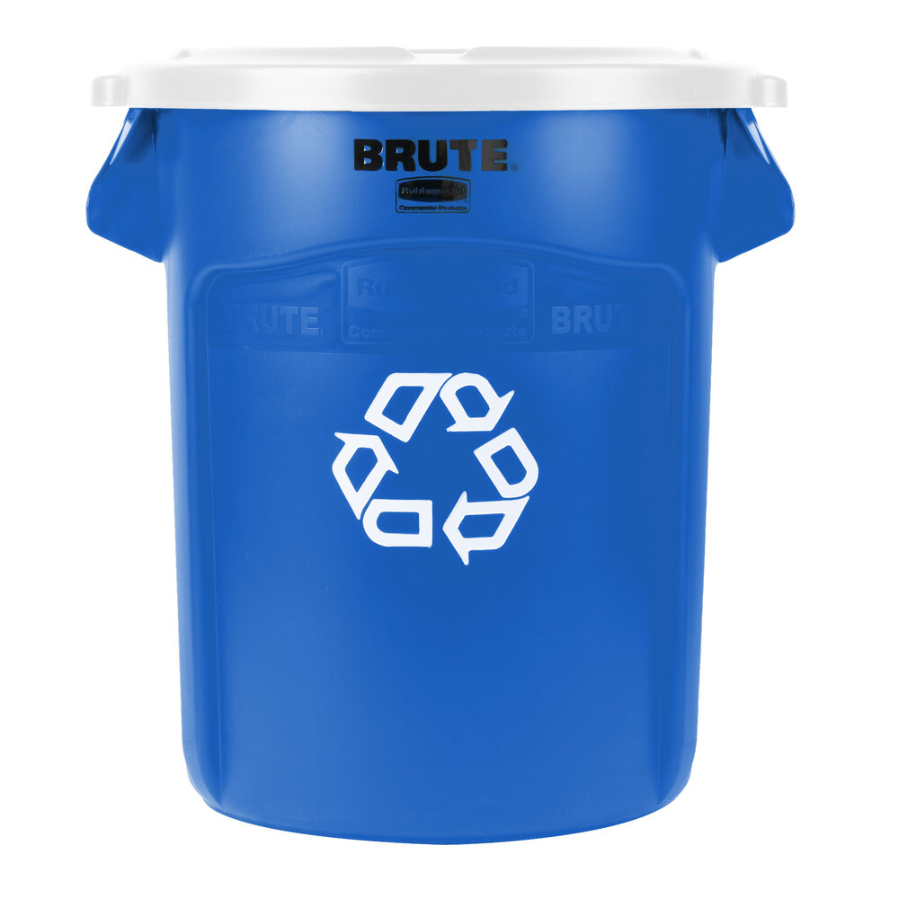 Rubbermaid® BRUTE 20 Gallon Blue Round Recycling Can and White Lid