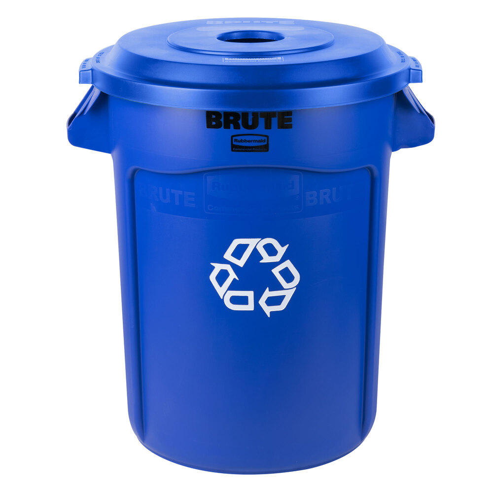 Rubbermaid® BRUTE 32 Gallon Blue Round Recycling Can and Round Recycling Lid with Hole