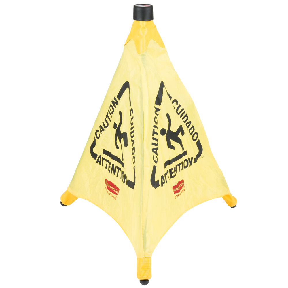 Rubbermaid® FG9S0000YEL 20" Yellow Multi-Lingual "Caution" Wet Floor Sign Pop-Up Safety Cone With Wall-Mounted Case