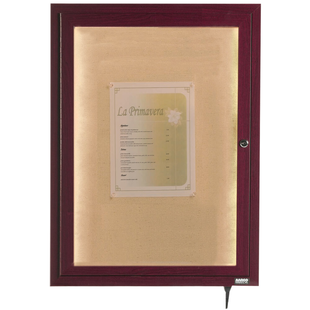 Aarco LWL2418C 24" x 18" Cherry Finish Locking Lighted Bulletin Board Cabinet