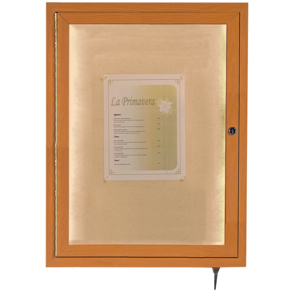 Aarco LWL2418O 24" x 18" Oak Finish Locking Lighted Bulletin Board Cabinet