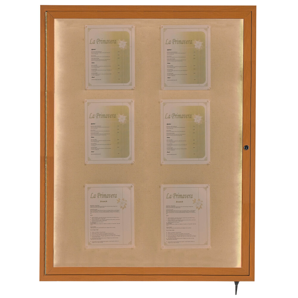 Aarco LWL4836O 48" x 36" Oak Finish Locking Lighted Bulletin Board Cabinet