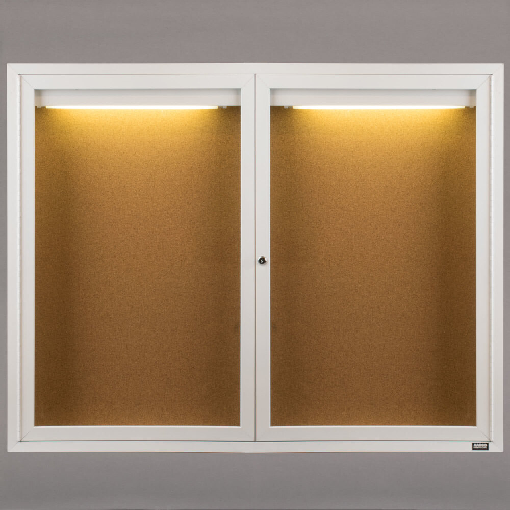 Aarco DCC4872RIW 48" x 72" Enclosed Hinged Locking 2 Door Powder Coated White Finish Indoor Lighted Bulletin Board Cabinet