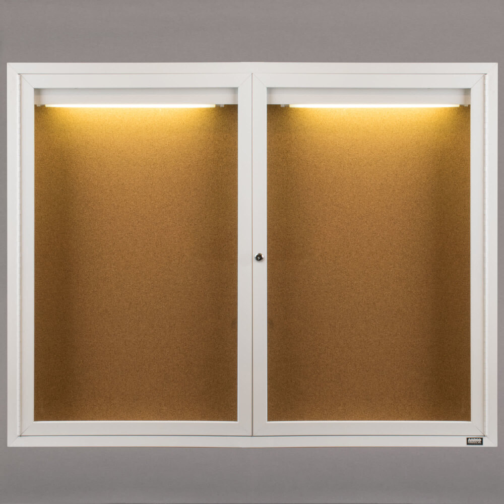 Aarco DCC3648RIW 36" x 48" Enclosed Hinged Locking 2 Door Powder Coated White Finish Indoor Lighted Bulletin Board Cabinet