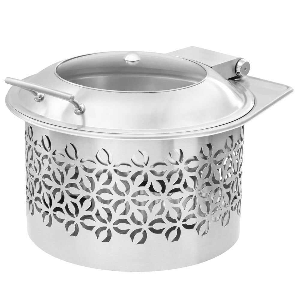 Rosseto SM288 Iris 6.3 Qt. Round Brushed Stainless Steel Chafer Warmer with Lid