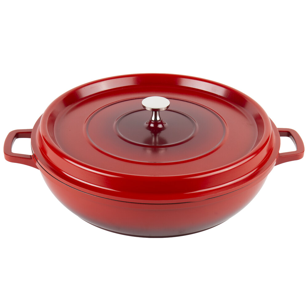 GET Heiss 4.5 Qt. Red Enamel Coated Cast Aluminum Brazier / Paella Dish with Lid CA-008-R/BK/CC