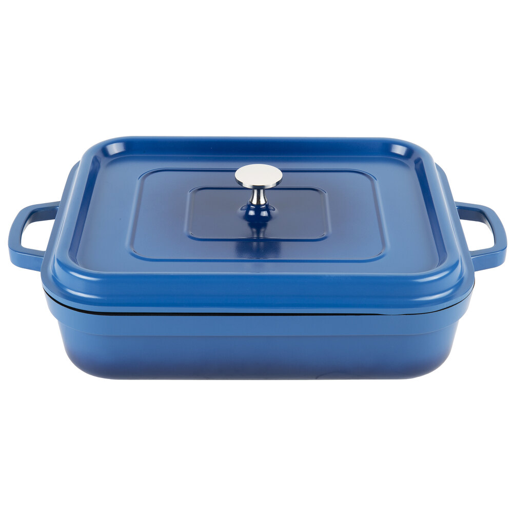 GET Heiss 5 Qt. Cobalt Blue Enamel Coated Cast Aluminum Roasting Pan with Lid - 12 7/8" x 10 7/8" x 2 3/4" CA-010-CB/BK/CC