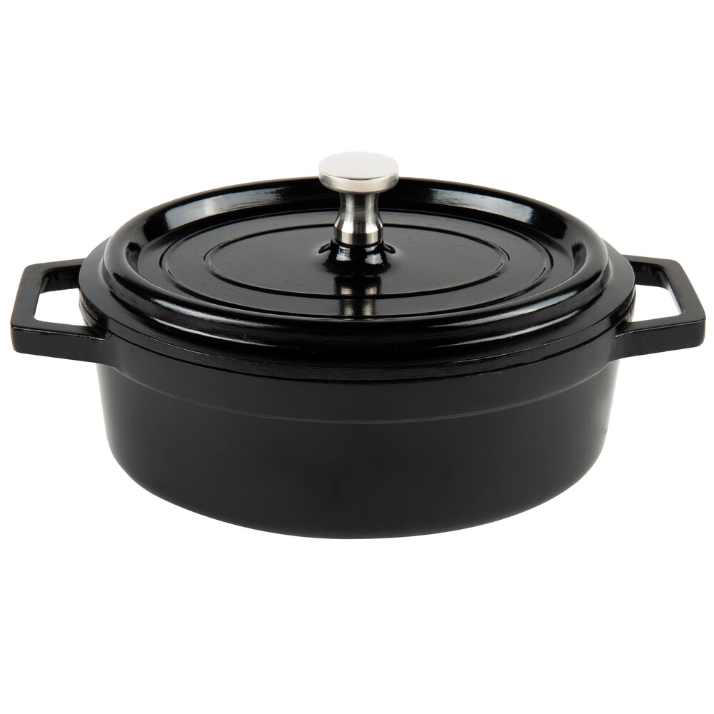 GET Heiss 12 oz. Black Enamel Coated Cast Aluminum Mini Coated Cast Aluminum Oval Pot with Lid CA-103-BK/BK/CC