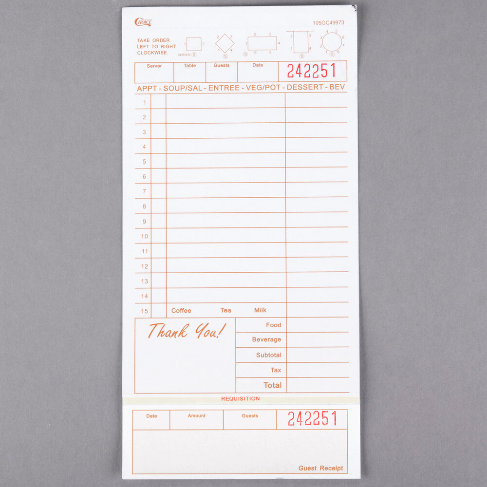 Choice 3 Part Tan and White Carbonless Guest Check with Beverage Lines and Bottom Guest Receipt - 250/Pack