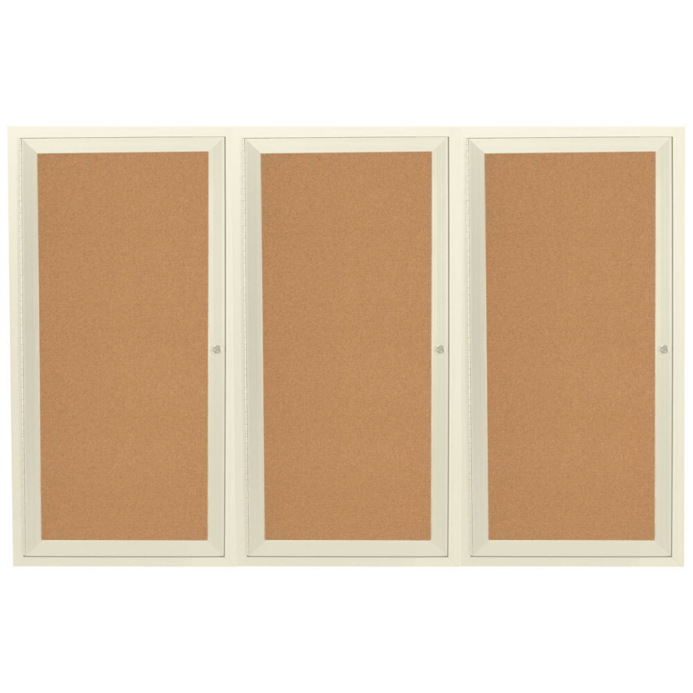 Aarco DCC4896-3RIV 48" x 96" Enclosed Hinged Locking 3 Door Powder Coated Ivory Finish Indoor Bulletin Board Cabinet