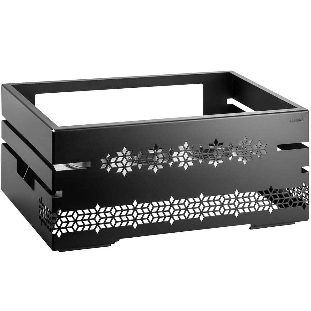 Rosseto SM321 Multi-Chef Mosaic 21 5/8" x 13 5/8" x 10" Black Matte Cutout Fuel Holders Chafer Alternative Warmer with Reversible Burner Stand and 3 Fuel Holders