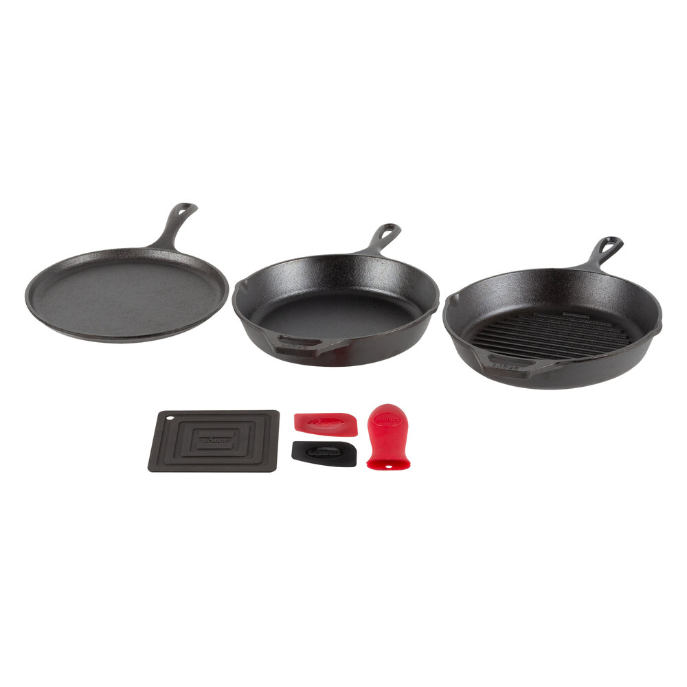 Lodge 7-Piece Essential Pre-Seasoned Cast Iron Skillet Set - Includes 10 1/4" Skillet, 10 1/4" Grill Pan, 10 1/2" Griddle, Silicone Handle Holder, Silicone Trivet, and Two Pan Scrapers