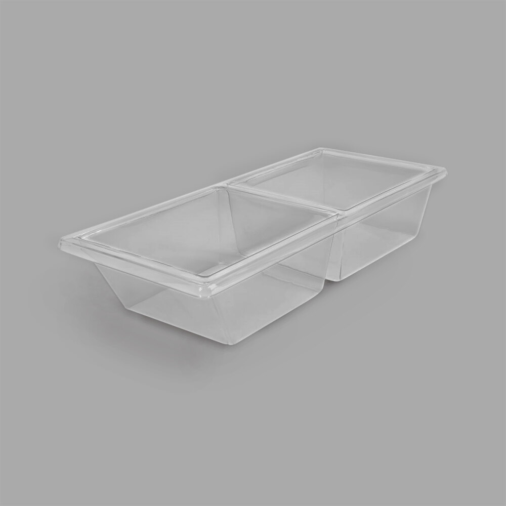 Delfin from Steelite International DFBFB277D204 27" x 7" x 5" Clear Two Compartment PETG Rectangular Food Bin Insert