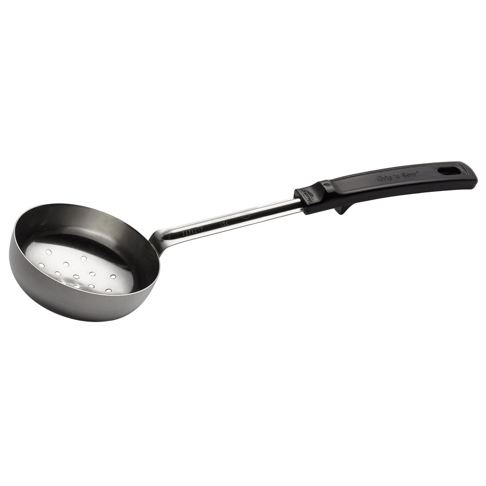 Vollrath 61180 8 oz. Black Perforated Round Stainless Steel Spoodle® Portion Spoon with Grip 'N Serve® Handle