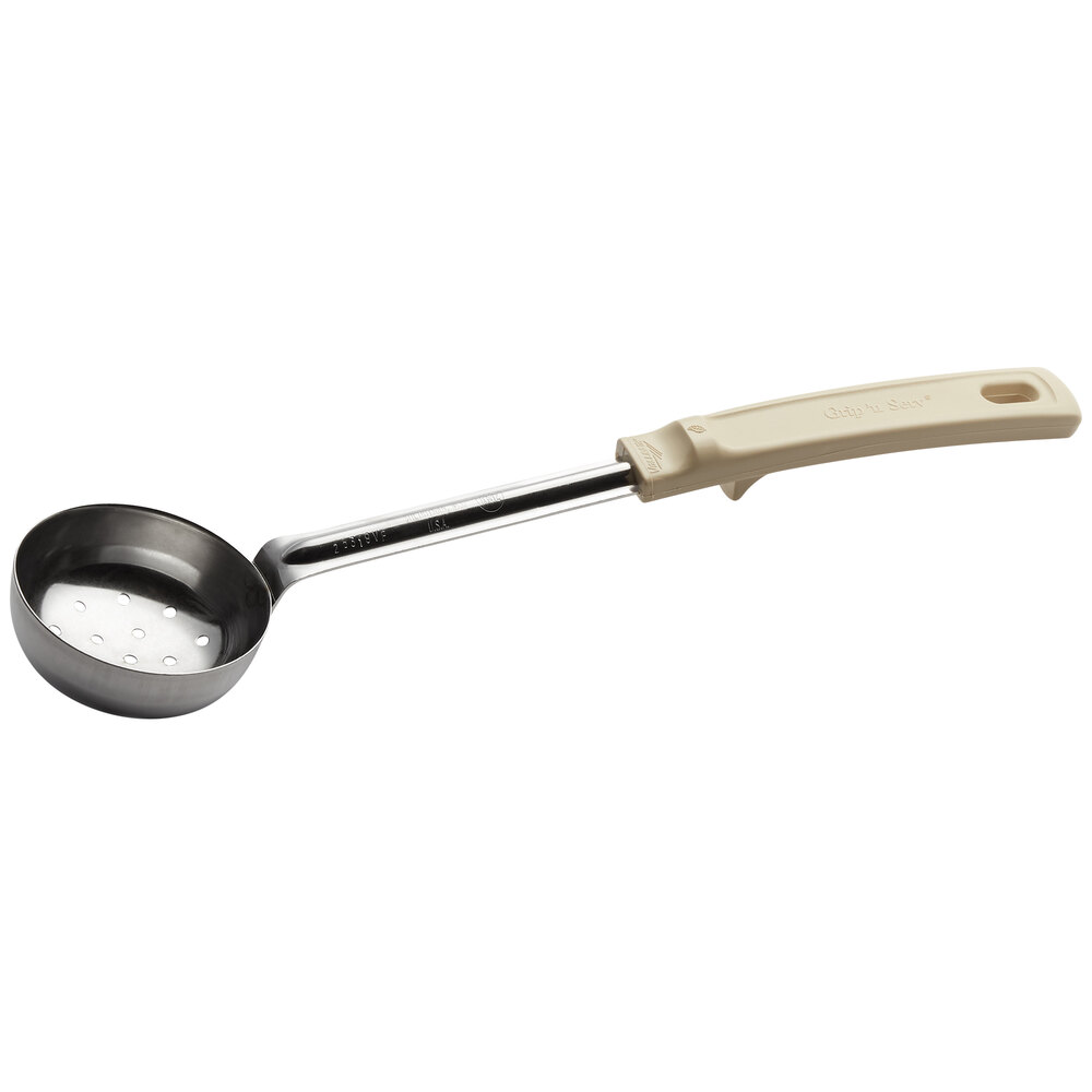 Vollrath 62165 3 oz. Ivory Perforated Round Stainless Steel Spoodle® Portion Spoon with Grip 'N Serve® Handle