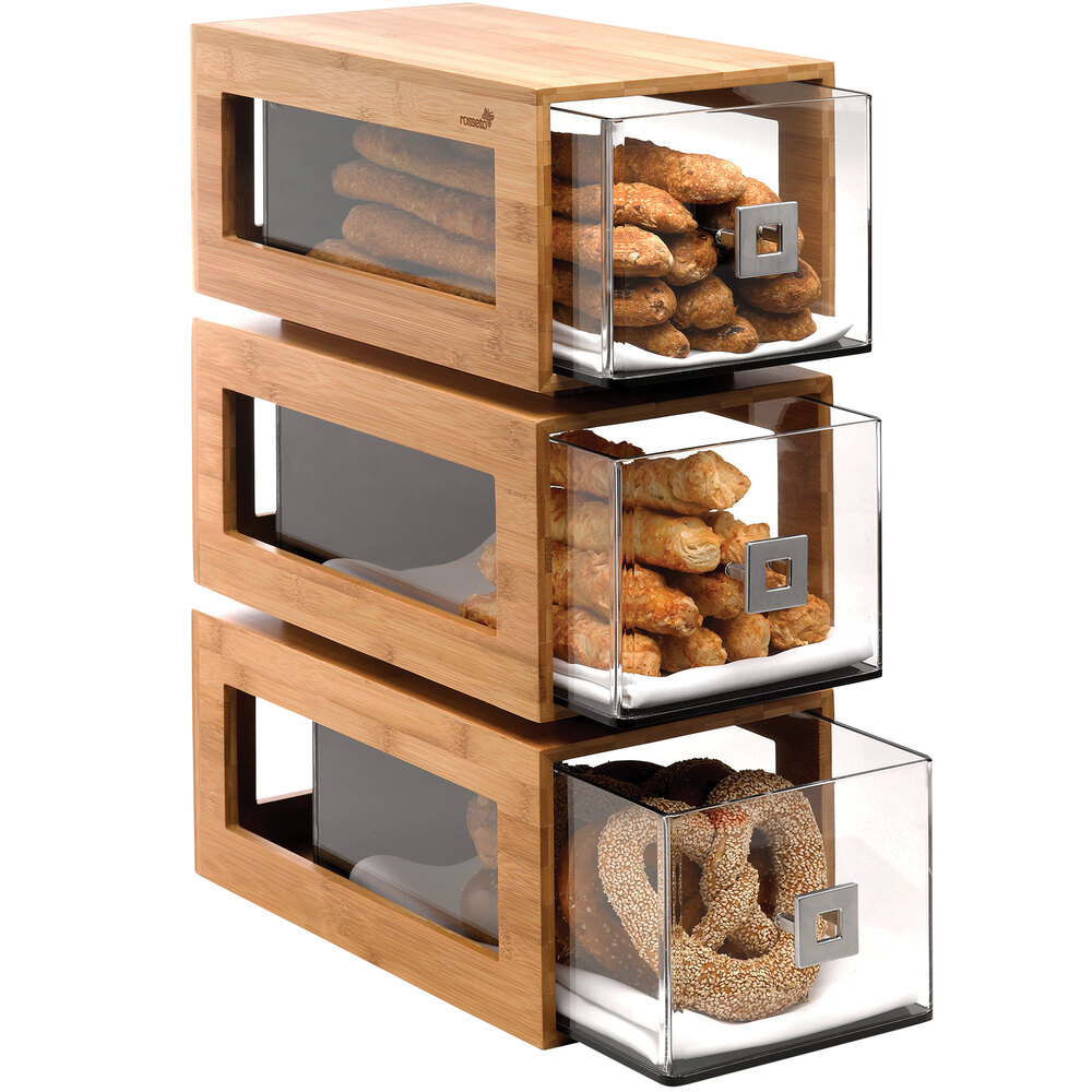 Rosseto BD104 3-Tier Natural Bamboo Bakery Pastry Display with Acrylic Drawers - 10" x 17 1/2" x 24"