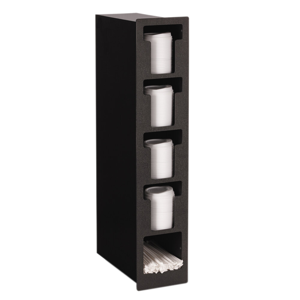 Vollrath FML-4VS Black Thermoplastic Flush Mount Vertical 4-Slot Lid Holder with Straw Slot