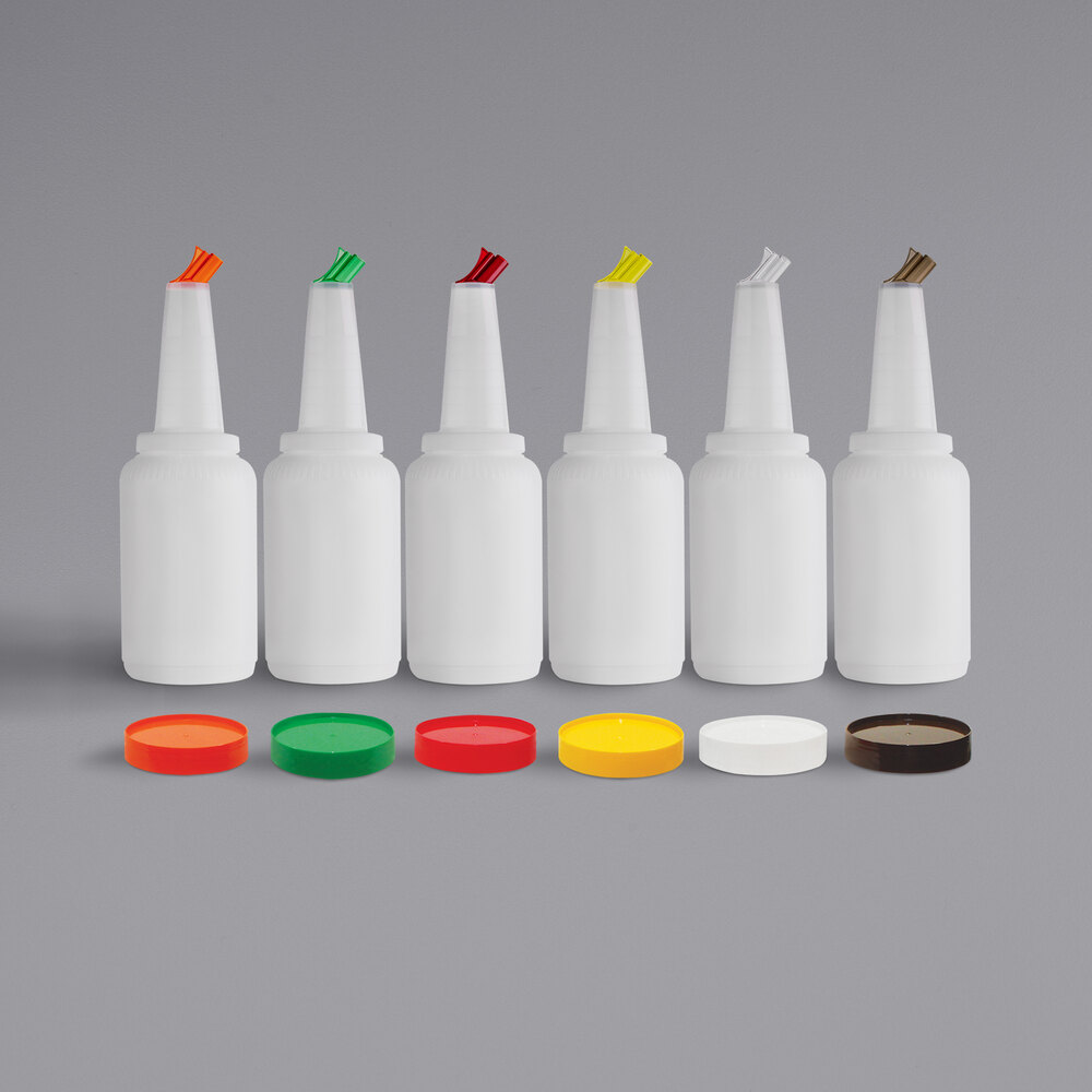 Tablecraft 8064A PourMaster Complete 2 Qt. White Pour Bottle Kit with Assorted Color Spouts and Caps - 6/Pack
