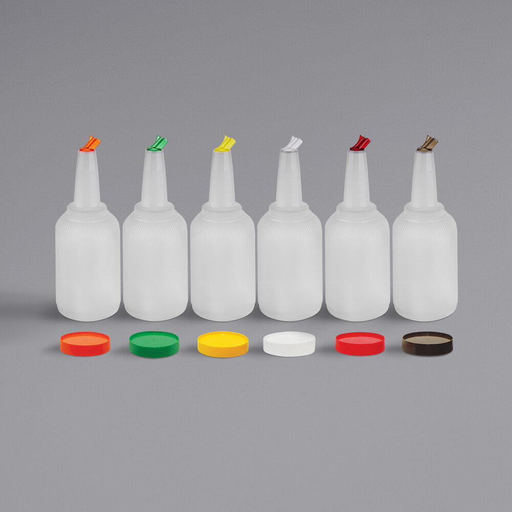 Tablecraft 8128A PourMaster Complete 1 Gallon White Pour Bottle Kit with Assorted Color Spouts and Caps - 6/Pack
