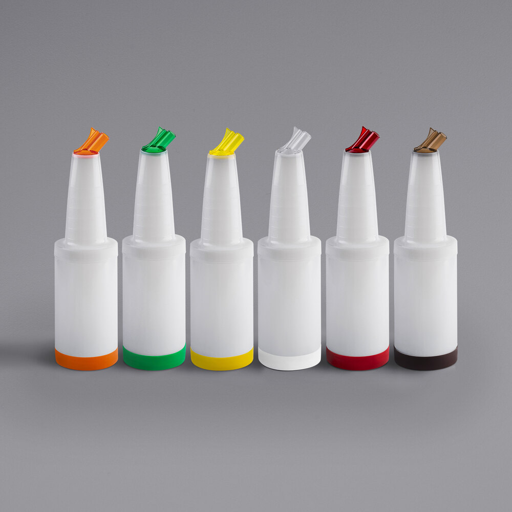 Tablecraft 8032A PourMaster Complete 1 Qt. White Pour Bottle Kit with Assorted Color Spouts and Caps - 12/Pack