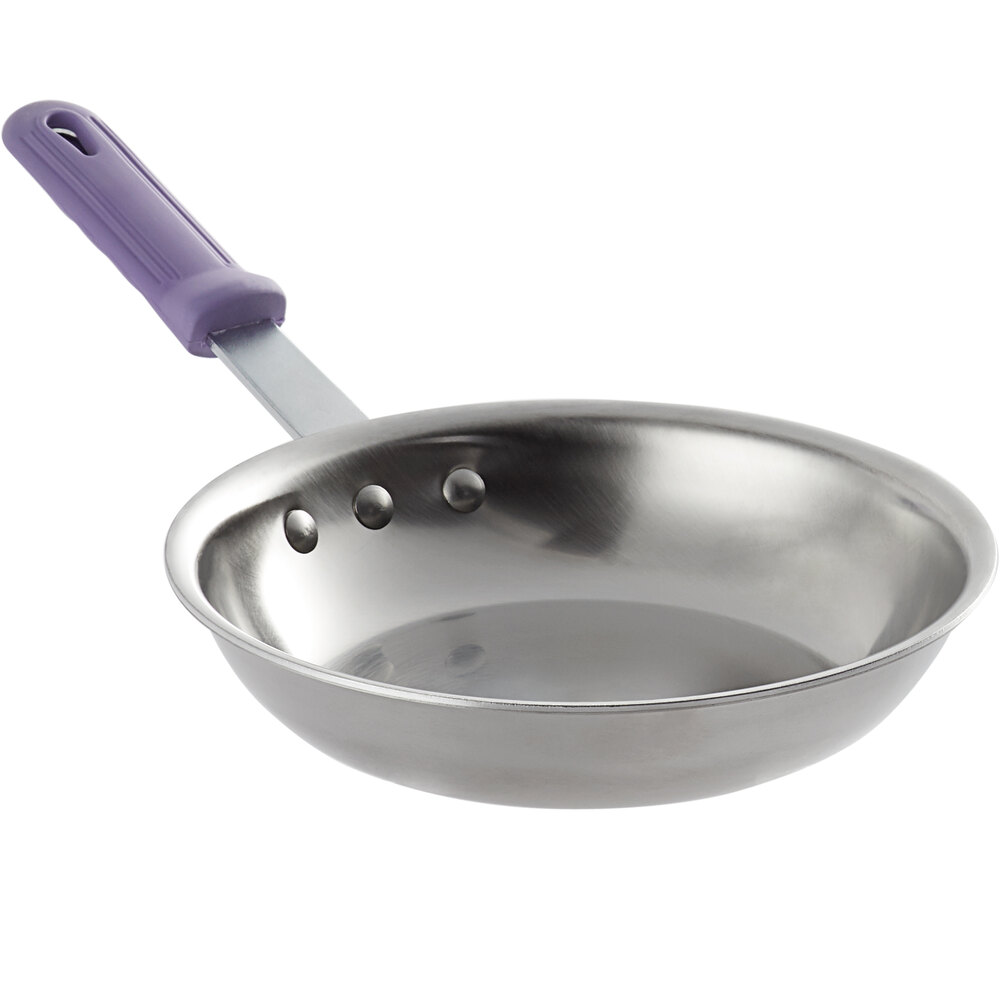 Vollrath 693308 Tribute 8" Natural Finish Tri-Ply Stainless Steel Fry Pan with Purple Allergen-Free Sleeve Handle