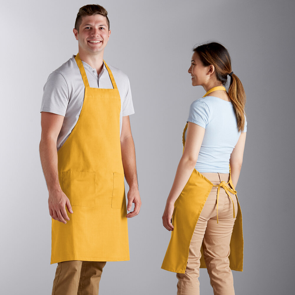 Choice Yellow Poly-Cotton Standard Bib Apron with 2 Pockets - 34" x 30"