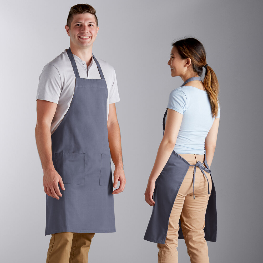 Choice Gray Poly-Cotton Standard Bib Apron with 2 Pockets - 34" x 30"