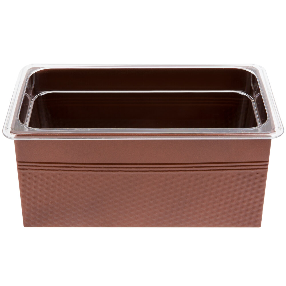 American Metalcraft 1/3 Size Copper-Plated Stainless Steel Rectangular Hammered Ice Display / Beverage Tub with Clear Food Pan - 6.75 Qt